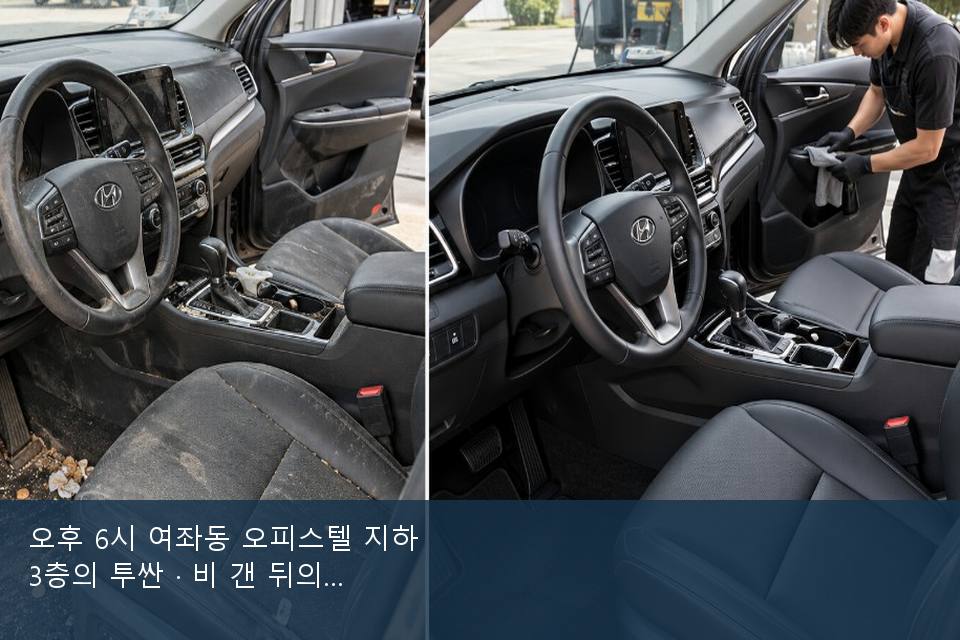 오후 6시 여좌동 오피스텔 지하 3층의 투싼 · 비 갠 뒤의 작업